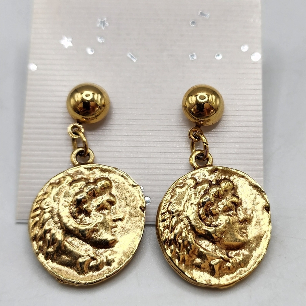 Rome Apollo Greek Coin Gold Tone Vintage Dangle Earrings Pierced Post 1.5"